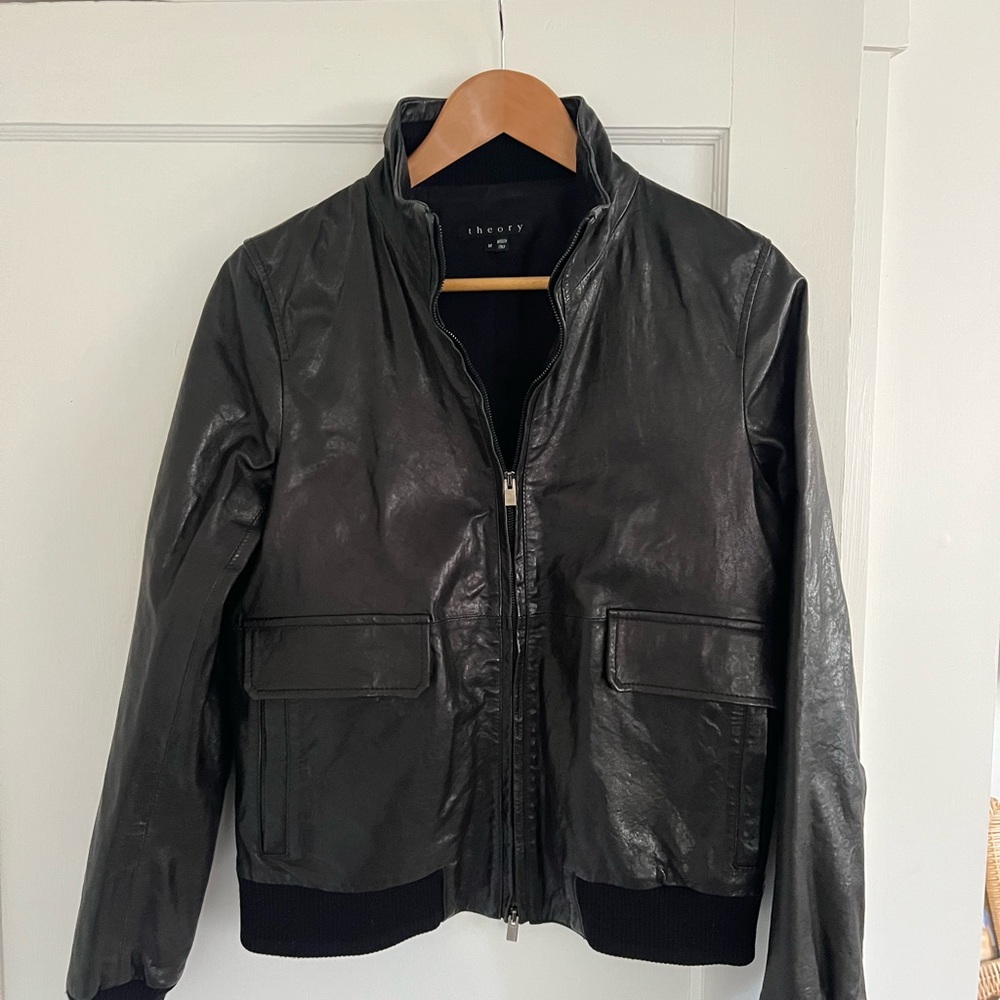 Theory Leather Bomber Jacket, black. Women’s size M